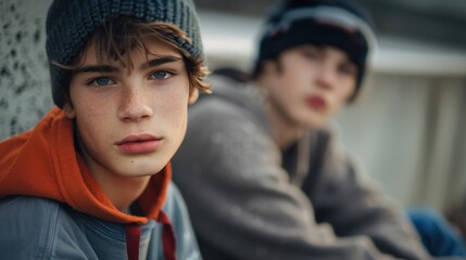 Poster - Portrait of a teenage boys, friends, looking at the camera serious mood