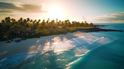 Wall Mural - Aerial panorama of a beach with palm trees at sunset.