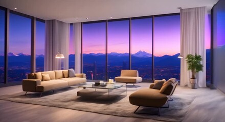 Wall Mural - Contemporary living room with windows and nature views in purple tones Seamless looping time lapse virtual video animation background 4k animation