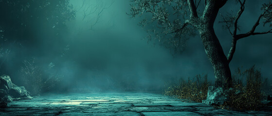 Wall Mural - A dark forest with a tree in the foreground