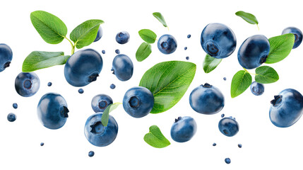 Canvas Print - blueberries with green leaves isolated on transparent white background, clipping path