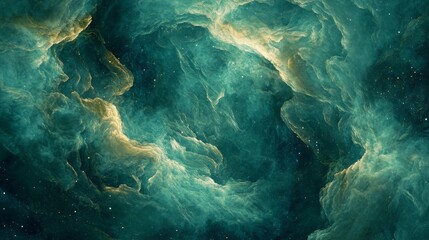 Wall Mural - abstract green and gold nebula with scattered stars