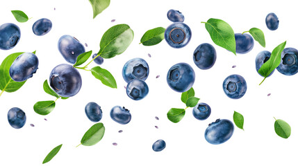 Canvas Print - blueberries with green leaves isolated on transparent white background, clipping path