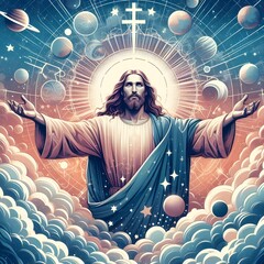 Wall Mural - Jesus Christ in Cosmic Glory, Surrounded by Stars and Planets