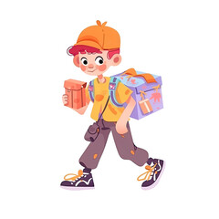 Poster - An illustration of a boy courier wearing an orange cap and walking