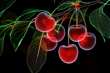 Wall Mural - Neon wireframe of ripe red surinam cherries isotated on black background.