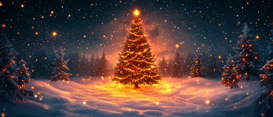 Wall Mural - A beautiful Christmas tree glows warmly in a snowy landscape, surrounded by falling snowflakes and a serene night sky.