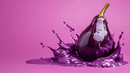 Poster - Aubergine in a purple liquid splash on a pink background.