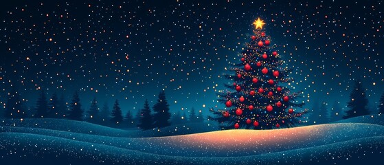 Wall Mural - A beautiful snow-covered landscape featuring a decorated Christmas tree under a starry night sky, creating a festive atmosphere.