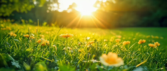 Poster - A field of yellow flowers with the sun shining on them