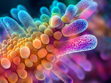 Fototapeta  - Vibrant Close-Up of Coral Reef or Sea Anemone with Colorful Textures, Bulbous Formations, and Tube-Like Projections, Capturing Underwater Wonder and Marine Life Beauty in Stunning Detail