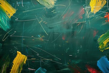 Leinwandbilder - Colorful brushstrokes fill a dark green chalkboard, showcasing creativity in an artistic environment, inviting inspiration and imagination. Generative AI