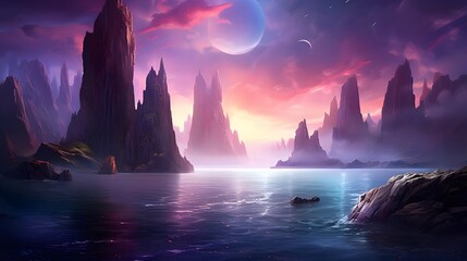 Wall Mural - Fantasy alien planet. Mountain and lake. 3D illustration.