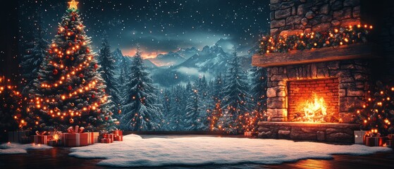 Wall Mural - A cozy winter scene with a decorated Christmas tree, a warm fireplace, and snow-covered ground, evoking festive holiday cheer.