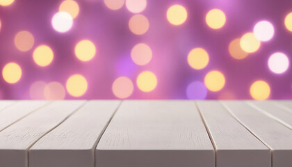 Wall Mural - empty wooden table with blur pink and yellow bokeh lights background