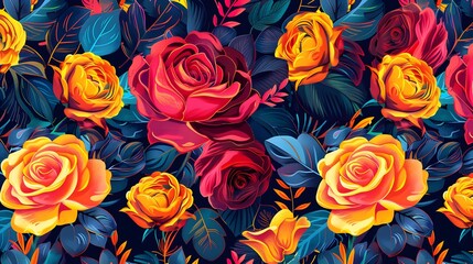 Wall Mural - Vibrant Floral Pattern with Red and Yellow Roses