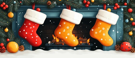 Wall Mural - A festive fireplace adorned with colorful Christmas stockings, surrounded by holiday decorations and a cozy winter atmosphere.