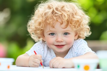 Canvas Print - A young child is sitting at a table with a red crayon and a piece of paper