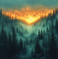 Wall Mural - A forest with a large number of birds flying in the sky