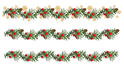 Wall Mural - set of christmas festive garlands of coniferous branches. the garlands are decorated with cones, art