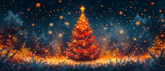 Wall Mural - A vibrant Christmas scene featuring a beautifully decorated tree surrounded by a snowy landscape and sparkling stars.