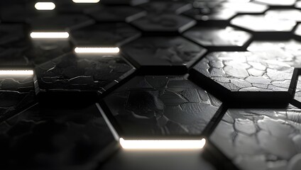 Aufkleber - 3d render of black hexagon tiles with white light in the corners.