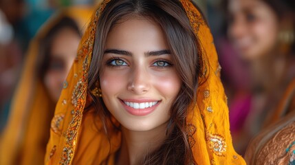 Wall Mural - A woman with a yellow scarf on her head is smiling