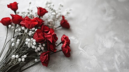 Poster - Red roses with white flowers on a textured gray background.