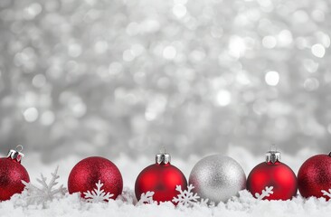 Wall Mural - A row of red and white Christmas ornaments are sitting on a snowy ground