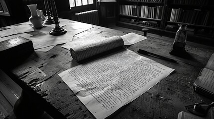 Fototapete - A photo created by typing new text on a new sheet of paper written on a computer, which is placed on an old table. The photo should be a real photo taken from 