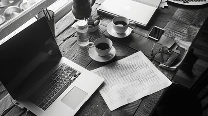 Fototapete - A photo created by typing new text on a new sheet of paper written on a computer, which is placed on an old table. The photo should be a real photo taken from