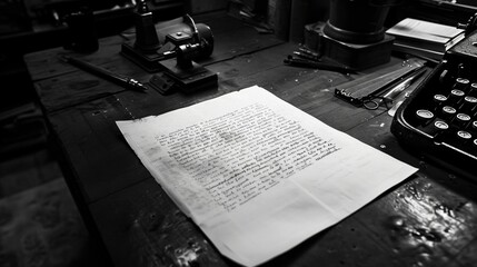 Fototapete - A photo created by typing new text on a new sheet of paper written on a computer, which is placed on an old table. The photo should be a real photo taken from 