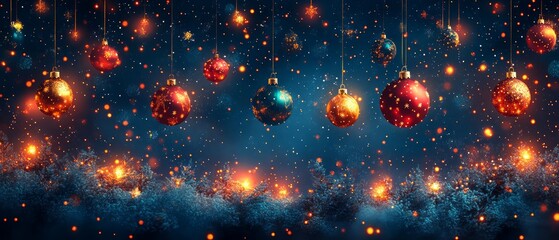 Wall Mural - Colorful Christmas ornaments hang against a glittering night sky, creating a festive and magical holiday atmosphere.