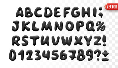 Poster - Plastic 3d realistic font liquid shapes black colors. A set of letters and numbers isolated on a white background with a transparency effect. vector illustration