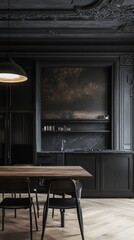 Canvas Print - A black kitchen with a wooden table and chairs