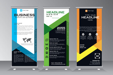 Wall Mural - Business roll up banner design set with yellow, blue and green colour, vector vertical banner template, roll up banner template, ,standee banner template, Modern Pull up, x-banner.