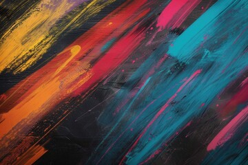 Poster - Vibrant brushstrokes in colors like orange, pink, and blue create an energetic display on a dark green chalkboard in an art classroom. Generative AI