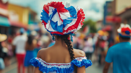 Wall Mural - copy space, stockphoto, a costarican woman in festive blue, white and red clothing, walking in the parade during Costa Rica’s Independence Day parade. Smiling woman during Costa Rica’s independence da