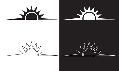 Wall Mural - Sunrise icon set. Morning sunshine icon in sea sunset vector sign. Isolated on white and black background. EPS 10