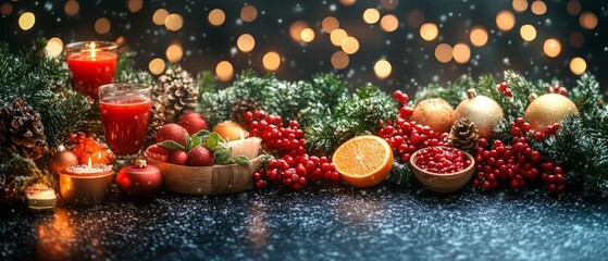 Canvas Print - Festive arrangement of ornaments, candles, and fruits, perfect for celebrating the warmth of the holiday season.