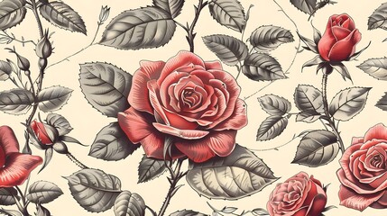 Wall Mural - Close-up of a Single Peach-Colored Rose with Green Leaves