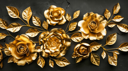 Wall Mural - Metallic golden roses and leaves on black background