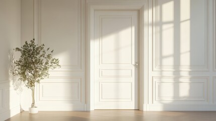 Poster - A white room with a large door and a potted plant in front of it