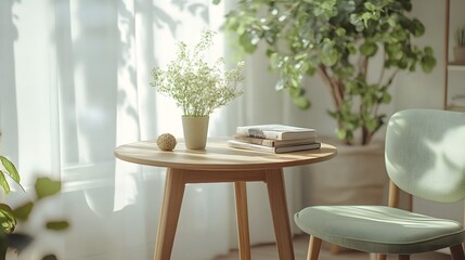 Round Wooden Table with Books, Plants, and Green Chair in Bright Dining Room