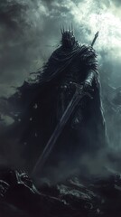 Poster - A dark and ominous figure with a sword is standing in the air