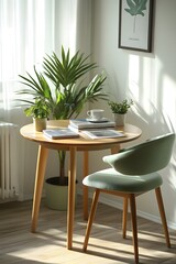 Round Wooden Table with Books, Plants, and Green Chair in Bright Dining Room