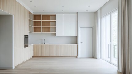 Sticker - A large, empty kitchen with white cabinets and wooden floors