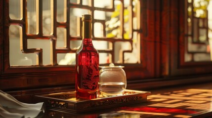 A red glass bottle of white wine, placed on a wood tray, Many pink flowers