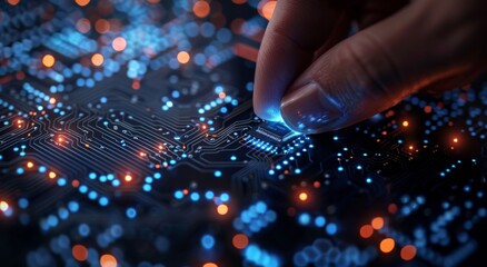 Poster - Close-up of finger touching digital screen with glowing circuits in futuristic technology concept