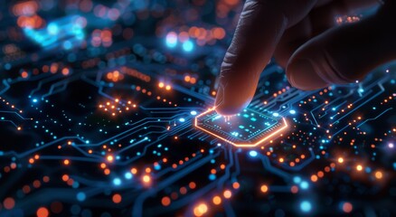 Poster - close-up of finger touching digital screen with glowing circuit board elements